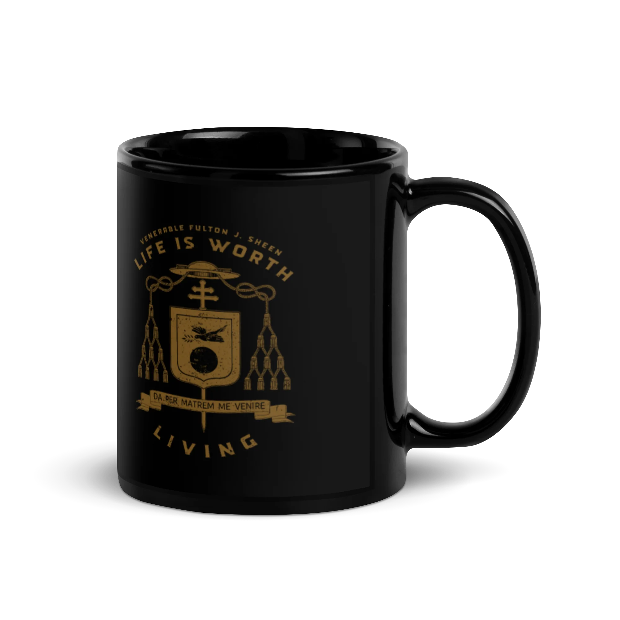 Bl. Fulton Sheen Coat of Arms Black Glossy Mug - Image 3