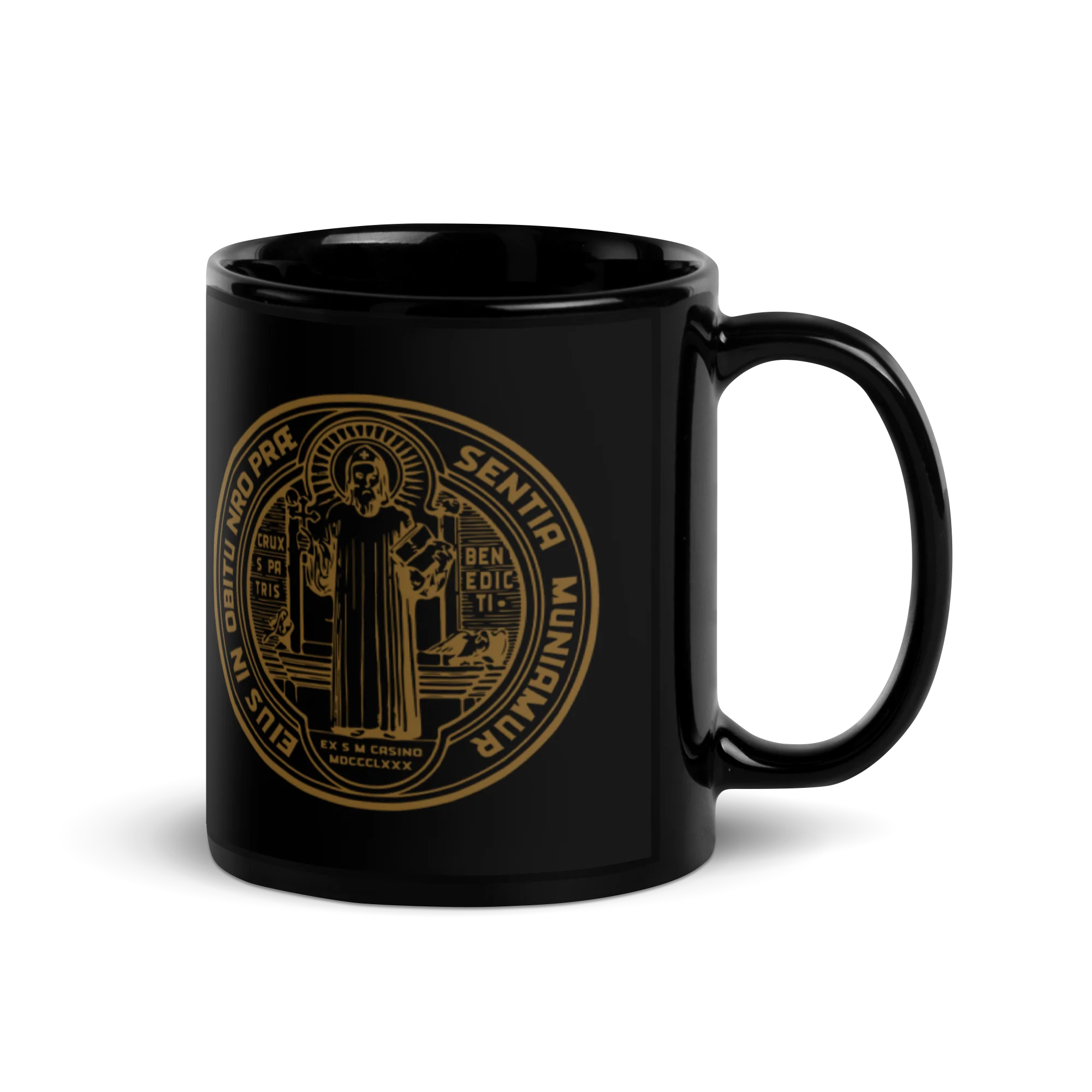 St. Benedict Medal Black Glossy Mug - Image 2