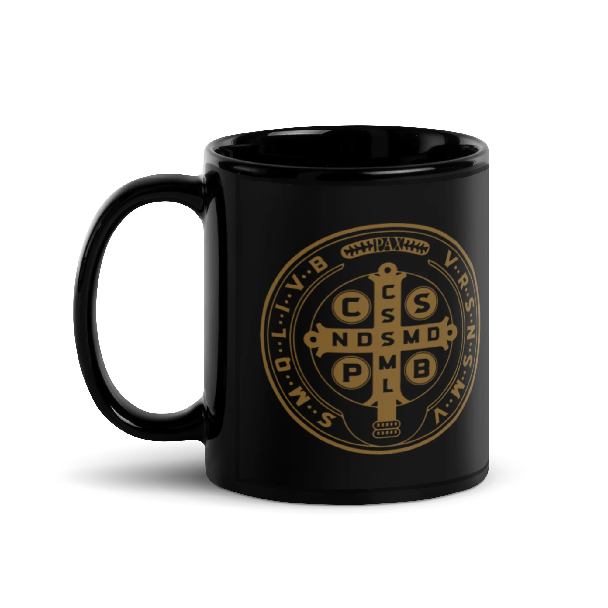 St. Benedict Medal Black Glossy Mug - Image 3
