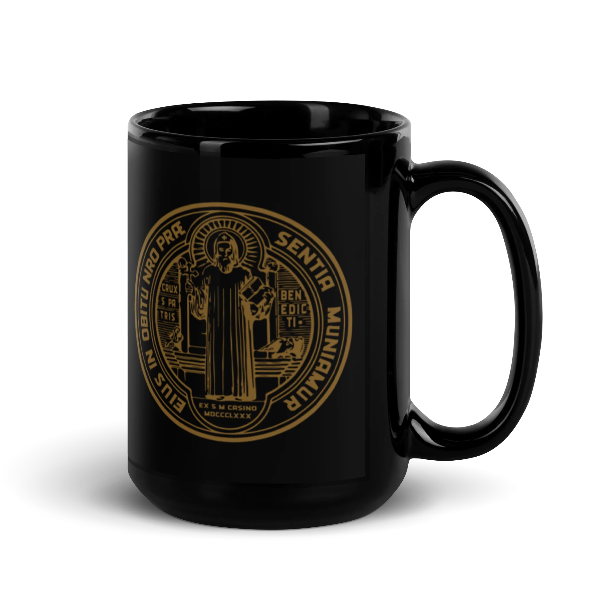 St. Benedict Medal Black Glossy Mug - Image 5